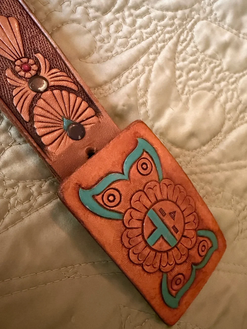 Stunning VTG Tooled Leather Zuni Sun Hand Painted Western Boho Belt Aztec, L